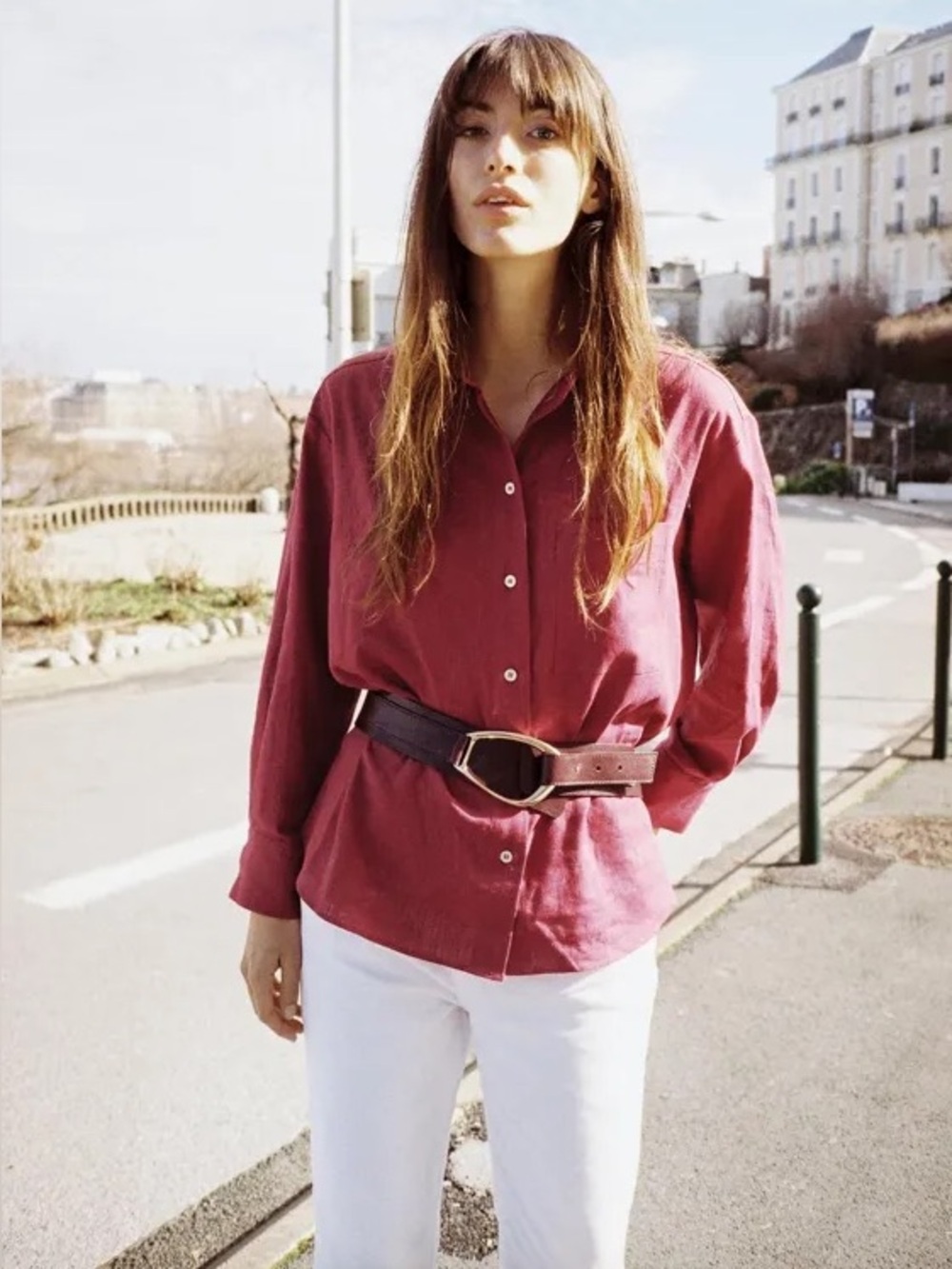 Zara Oversized Linen Blend Button Down Shirt Maroon XS NWT